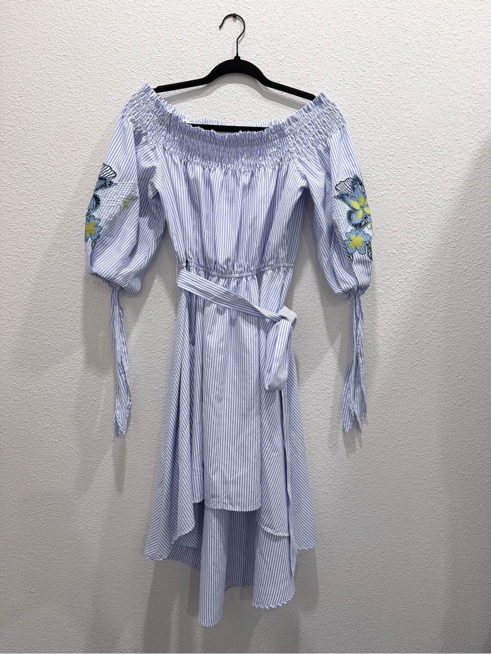 Astr Blue and White Striped Off-Shoulder Embroidered Sleeve Dress